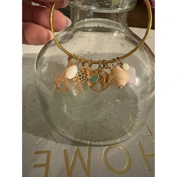 Sseko Designs Brass Charm Bangle Bracelet Giraffe World Bead Accents Safari - Picture 3 of 5